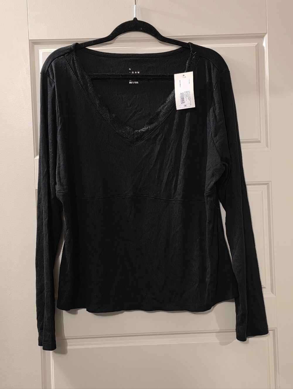 Black V-Neck Ribbed Long Sleeve Top With Lace Detail - Size 1X